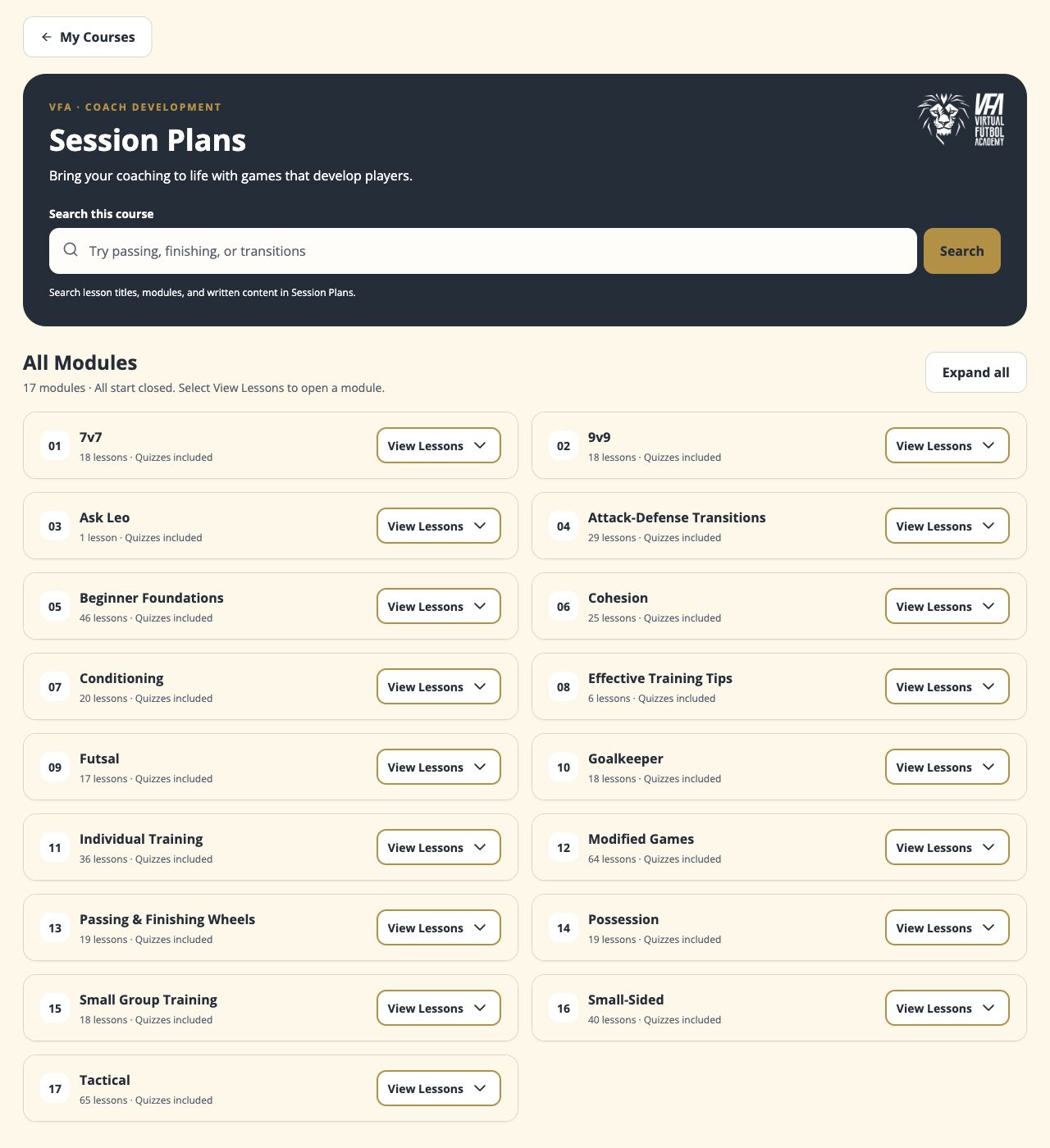 VFA Session Plans course module list with 17 modules, including Cohesion, Conditioning, Possession and Small-Sided games, with lessons and matching quizzes.