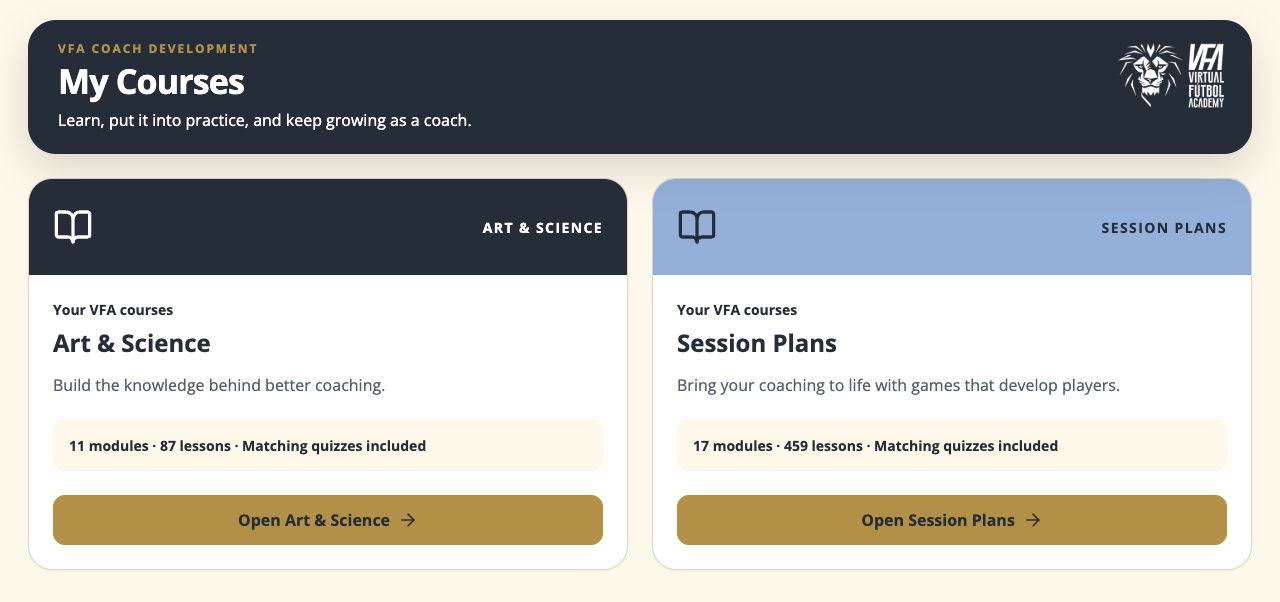 The VFA app course catalog: Art & Science with 11 modules and 87 lessons, and Session Plans with 17 modules and 459 lessons. Both include matching quizzes.